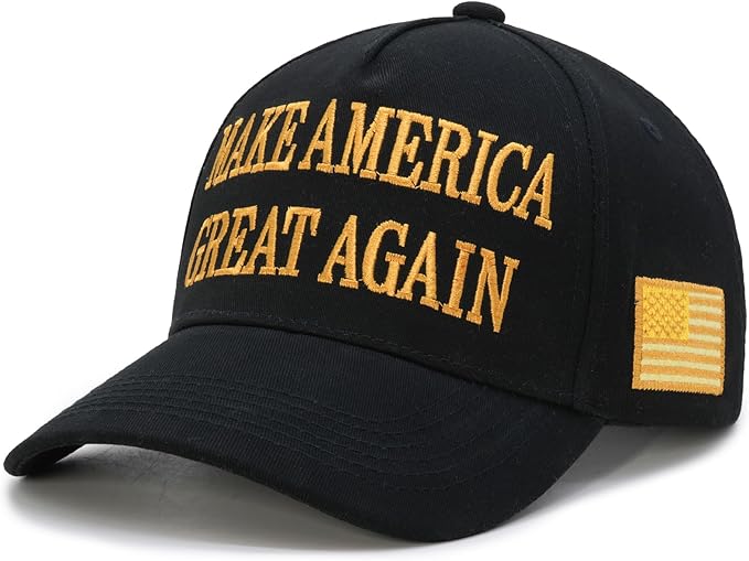 Donald Trump 2024 45-47 Never Surrender MAGA Hat, Make America Great Again Slogan with USA Flag, Black & Gold Adjustable Cap