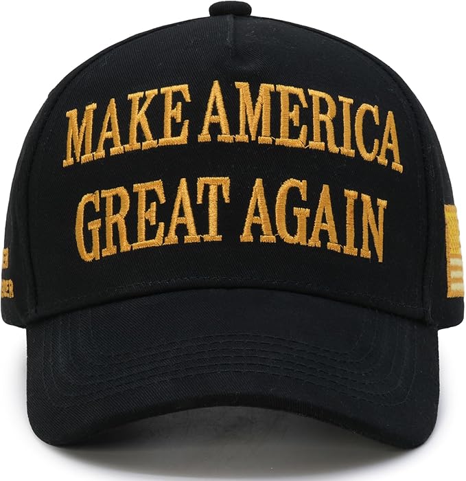 Donald Trump 2024 45-47 Never Surrender MAGA Hat, Make America Great Again Slogan with USA Flag, Black & Gold Adjustable Cap