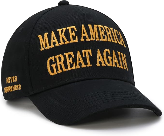 Donald Trump 2024 45-47 Never Surrender MAGA Hat, Make America Great Again Slogan with USA Flag, Black & Gold Adjustable Cap