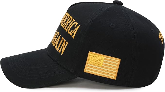 Donald Trump 2024 45-47 Never Surrender MAGA Hat, Make America Great Again Slogan with USA Flag, Black & Gold Adjustable Cap