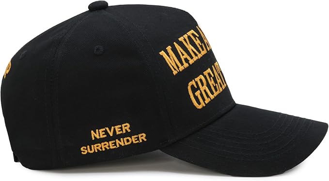 Donald Trump 2024 45-47 Never Surrender MAGA Hat, Make America Great Again Slogan with USA Flag, Black & Gold Adjustable Cap