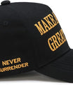 Donald Trump 2024 45-47 Never Surrender MAGA Hat, Make America Great Again Slogan with USA Flag, Black & Gold Adjustable Cap